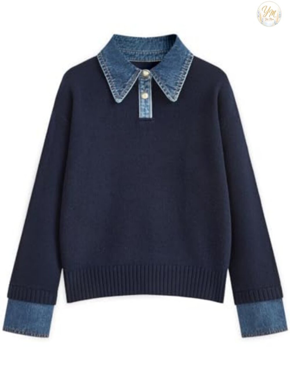 Oversized Denim Polo Knit Pullover Sweater Women V-Neck Long Sleeve